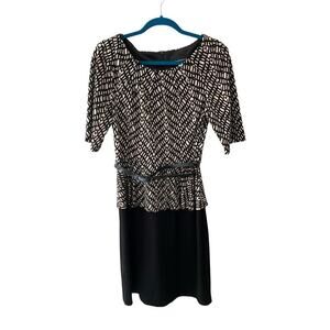 Connected Apparel Peplum Cocktail Dress Womens 10 Black/Beige Belted Knee-Length